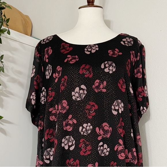 Vince Camuto Sheer Black Pink‎ Floral Tunic Blouse Sparkle Dots Short Sleeve - Picture 6 of 11